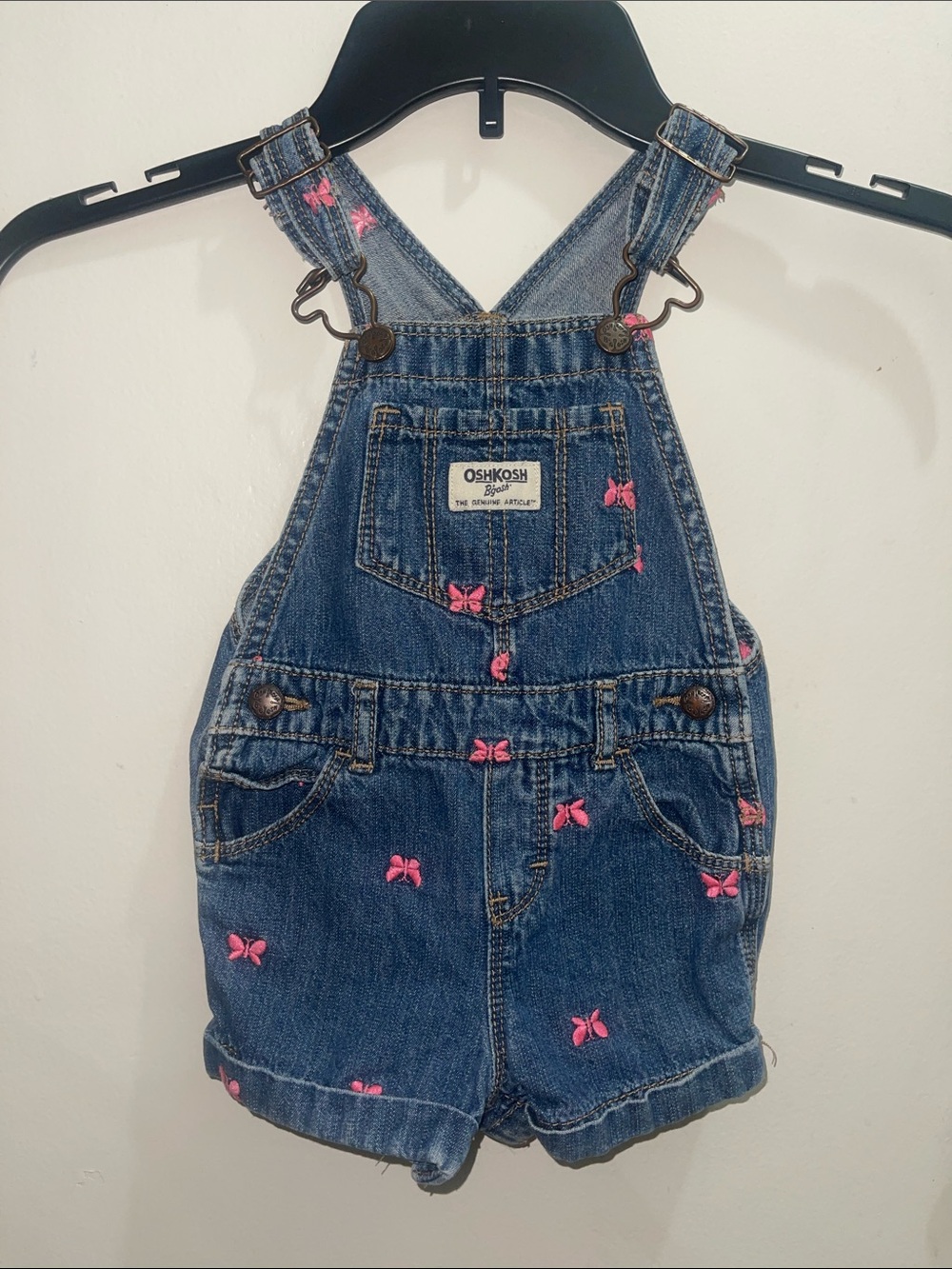 OshKosh B'gosh Denim Short Overalls in Blue with Pink Bows Sz 18M